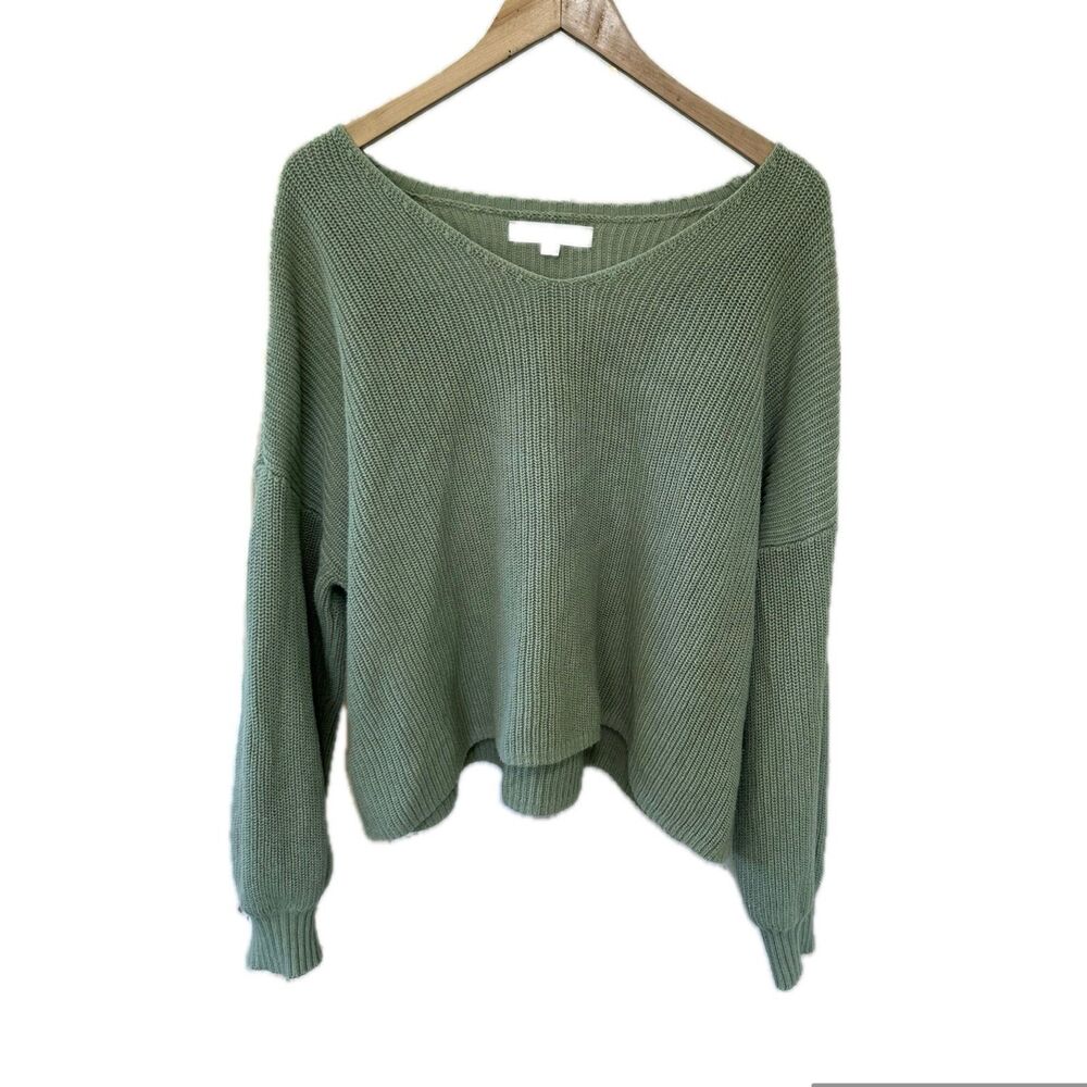 LOFT Women's 100% Cotton Dolman Long Sleeve Drop Shoulder Sage Knit Sweater L